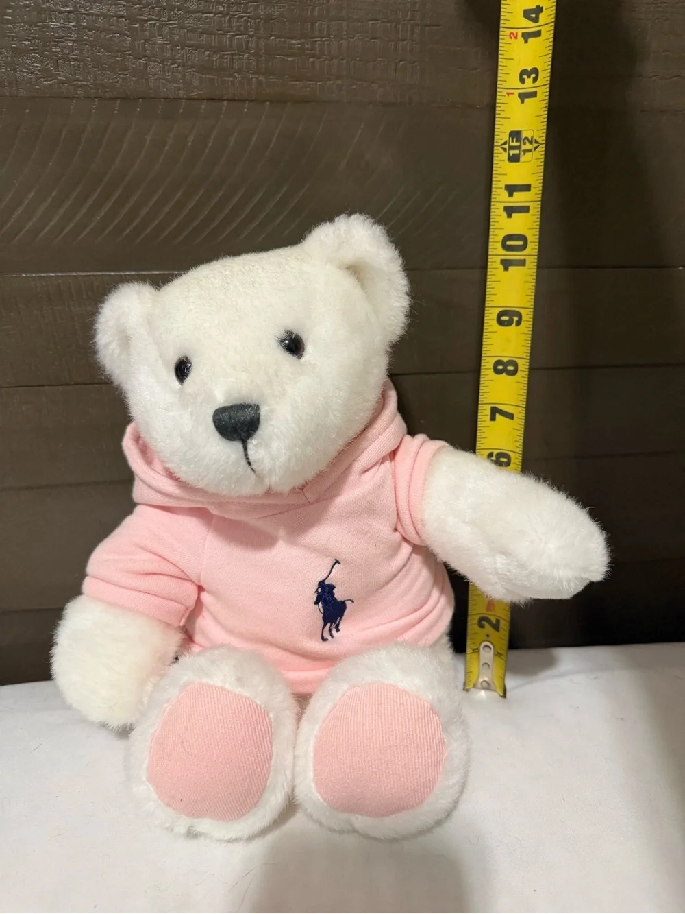 Ralph Lauren White Plush Bear in Light Pink Hoodie with Navy Pony